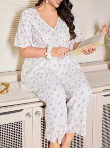 CottageSlumber Plus Size Women's Romantic Ditsy Floral Sweetheart Neck Bell Sleeve Long Pants Pajama Set ,Vacation