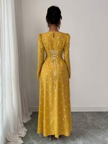 Modelyn 女士编织黑色花卉印花拼布领长袖 A 字形系腰优雅田园风连衣裙