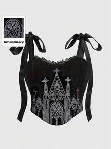 ROMWE Goth 女式哥特式宫殿城堡十字刺绣方领蕾丝边拼接黑色十字交叉短款上衣紧身胸衣 - 黑色 - 查看 2