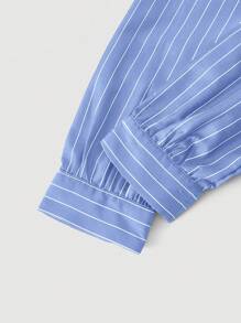 SHEIN MOD Blue White Stripe Print Cross-Wrap Ruffle Long Sleeve Women Dress,Christmas Dress,Thanksgiving Shirt,Business Women Clothes,Beach Women Outfits - Blue - View 4