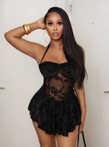 BamGleam 女士纯色玫瑰丝绒印花优雅性感约会夜锁骨不对称下摆连衣裙，女士夏季连衣裙，茶会连衣裙 - 黑色 - 查看 4