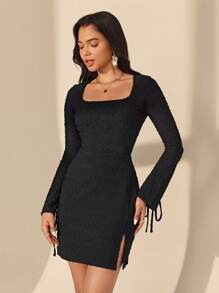 Almamuse-D Straight Fit Lace-Up Square Neck Slit Black Mini Dress For Women, Spring/Summer/Autumn Seasons - Black - View 4