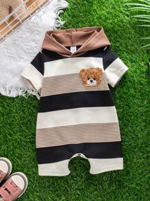 Newborn Baby Boy Cute Summer Knit Patchwork Striped Bear Pattern Hooded Romper - Multicolor - View 5