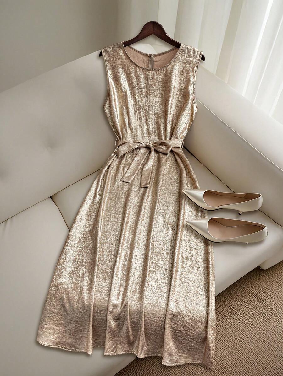 Franclia Robe sans manches élégante style français, simple et Top de gamme, pour l'été - Doré - Voir 1