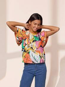 Almamuse 女士优雅花卉蕾丝边衬衫，夏季 - 彩色 - 查看 3