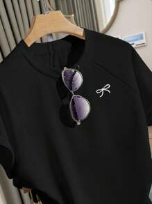 INAWLY 2pcs/Set Women Casual Raglan Sleeve Loose Short Sleeve Top - Black - View 8