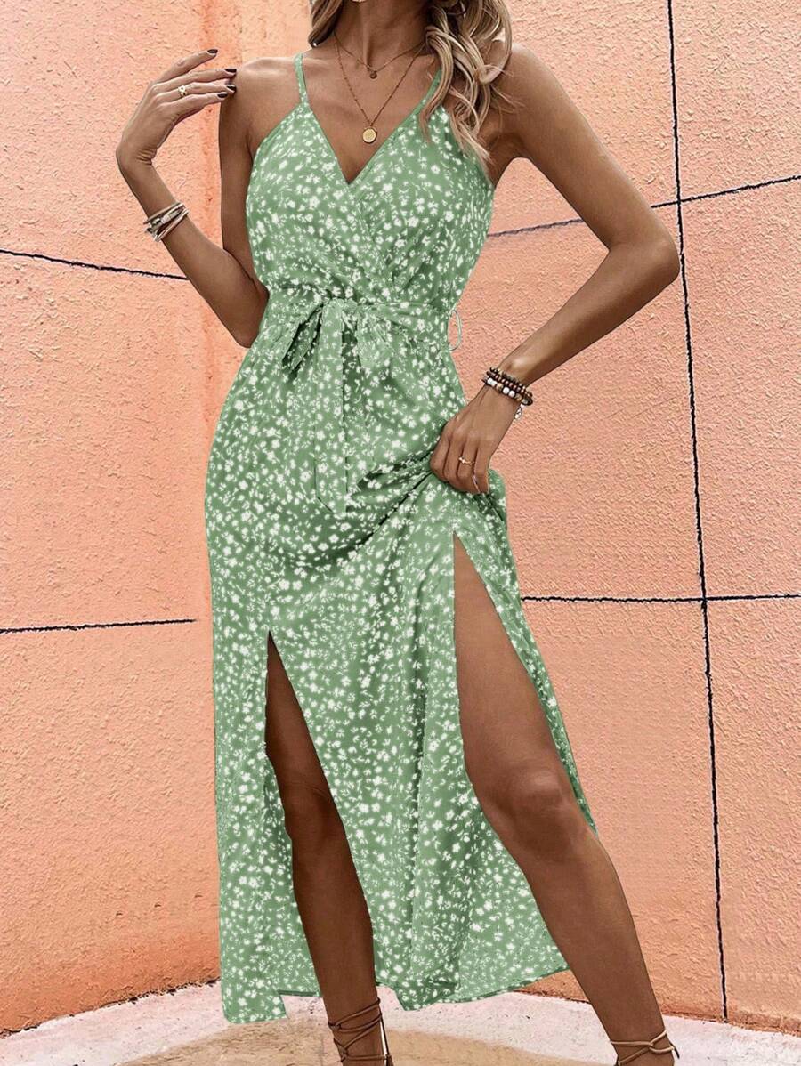 SHEIN LUNE 休闲碎花印花高开衩吊带长裙女装 - 綠色 - 查看 1