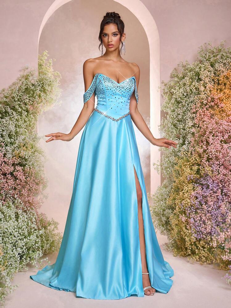 Glamrae Elegant Navy Blue Handmade Gradient Rhinestone Embellishment One Shoulder Off-Shoulder Sleeves High Slits Oversized Trailing Formal Dinner Dress - Baby Blue - View 2