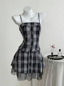 Elamini Women's Summer Fashion Plaid Mesh Spliced Camisole Mini Dress