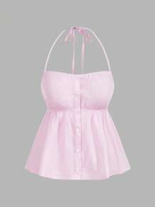 SHEIN Sweetro 2 件/套：大码女式皱褶条纹吊带上衣和宽松阔腿裤，休闲日常穿着 - 粉色 - 查看 8