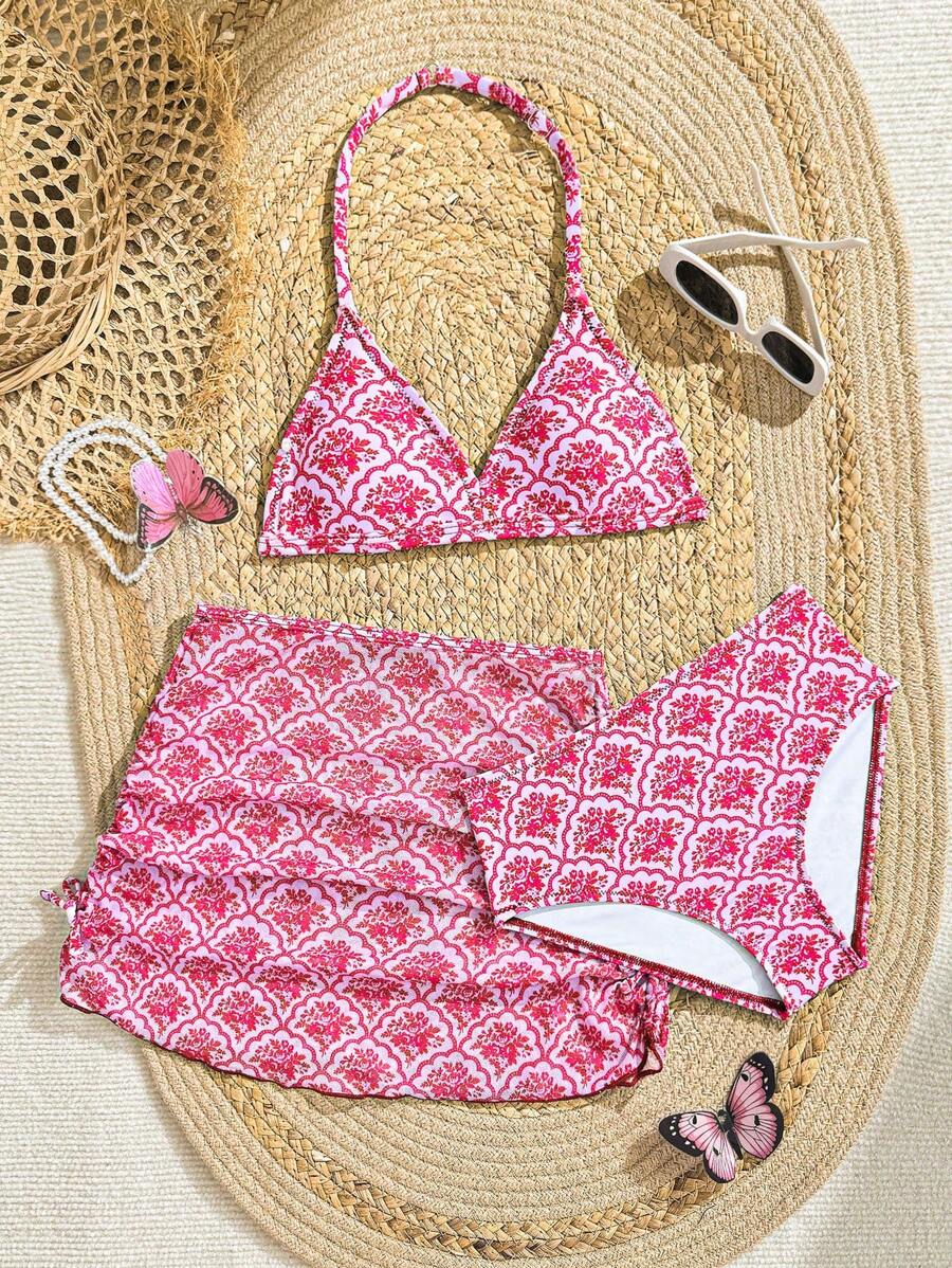 Bộ bikini 3 mảnh dệt kim họa tiết hoa tím cho bé gái tuổi teen, thời trang cho kỳ nghỉ hè - Nhiều màu - Xem 1