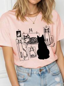 INAWLY Cat Gallery T-Shirts, This Is Art, This Is Artist Cat Graphic T-Shirts, Cat Art Shirts, Suitable For Cat Lovers, Cute Cat Printed Round Neck Short Sleeve T-Shirt For Women - Baby Pink - View 3