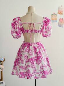 Soleia Sukienka damska typu romantyczna, z bufiastymi rękawami i kwiatowym nadrukiem, z odkrytymi plecami i wiązaniem w talii, w kształcie litery A, w stylu księżniczki, na wakacje - Wielokolorowe - Zobacz 2