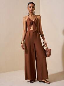 Zivah 海滩新款春夏度假吊带露背中腰蝴蝶结装饰露腰露背阔腿超长裤全身棕色下装纹理亚麻女连体裤 - 棕色 - 查看 7