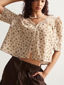 Bohemela 休闲宽松梭织女式衬衫，适合夏季、秋季、波西米亚风、独立日 - 棕色 - 查看 4