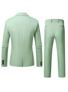 Manfinity Bizformal 2pcs/Set Men's Casual Business Simple Solid Color Long Sleeve Blazer And Pants Suit Mint Green Suit Men Green Suit Slim Fit Suit Men Summer Suit Green 2 Pieces Suit Men, Old Money Style - Olive Green - View 2