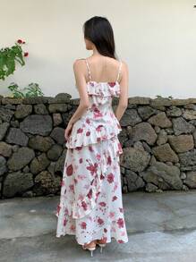 Celisse فستان ماكسي طويل أنيق للنساء بخصر كشكشة غير متماثل مزدان بالورود - متعدد الألوان - مشاهدة 4