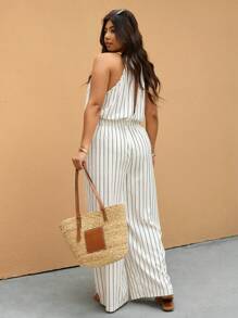 Elaquor Plus Size Striped Print Halter Neck Sleeveless Jumpsuit, Casual Summer - White - View 3
