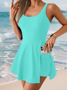 Swim Lushoire 女式夏季海滩休闲优雅纯黑色宽松细肩带圆领荷叶边下摆连体泳衣