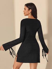 Almamuse-D Straight Fit Lace-Up Square Neck Slit Black Mini Dress For Women, Spring/Summer/Autumn Seasons - Black - View 2