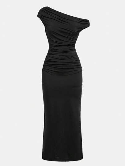 SHEIN Vestido de punto maxi ajustado con cuello asimétrico y cintura fruncida, apropiado para fiesta de Halloween, atuendo de regreso a la escuela, reuniones, color negro, para niña preadolescente