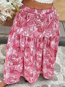 SHEIN VCAY 大码女式腰果印花荷叶边下摆休闲半身裙，度假风格 - 彩色 - 查看 3