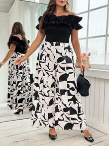 Ellevyn Curve Plus Size Women's Black And White Summer Elegant Cocktail Off-Shoulder Ruffle Bodysuit & Geometric Printed Elastic Waist Trousers Two-Piece Set - Multicolor - View 8