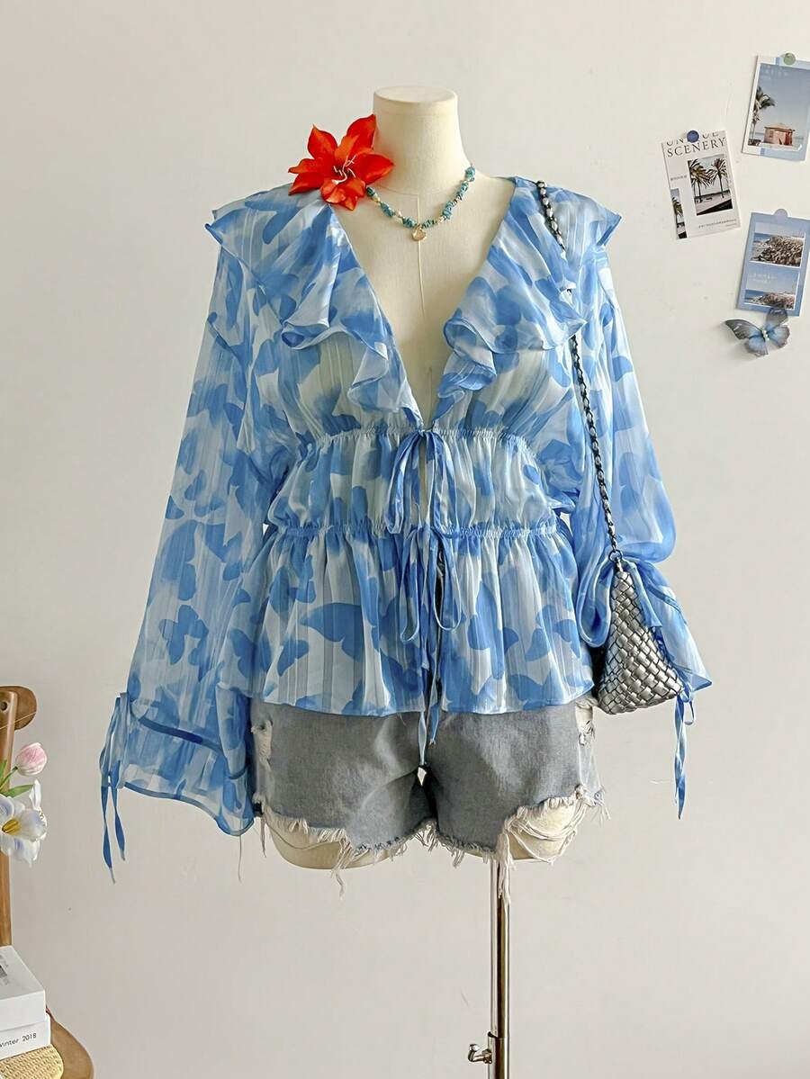 Soleia Plus Size Women's Holiday Chiffon Pink Floral Print Ruffle Collar Self-Tie Front Long Sleeve A-Line Blouse, Autumn/Winter, Suitable For Valentine's Day Blue Floral Top Women Summer Clothes Set Summer Tops Short Sets For Women Vacation Blue Summer Tops