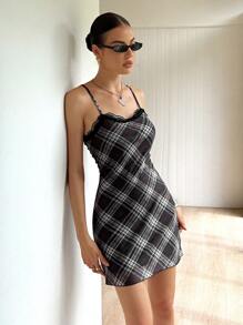 Rafferiza Women's Vintage Plaid Contrast Lace Slim Fit Short Strap Mini Dress, Summer