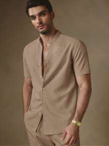 HIMLAND 2 件套男士休闲纯色梭织修身短袖衬衫和锥形腰裤，适合日常穿着亚麻西装男士米色男士服装夏季男士西装男士亚麻衬衫男士 Co Ord 套装，Old Money - 銅色 - 查看 4