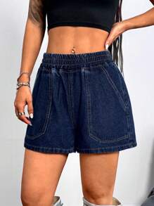 SHEIN PETITE Women's Elastic Waist Fitted Denim Shorts, Dark Blue - Dark Wash - View 4