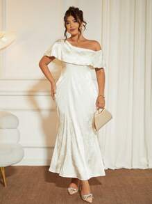 SHEIN PETITE Đầm dạ hội in họa tiết thanh lịch ôm sát eo cỡ lớn cho nữ - trắng - Xem 3