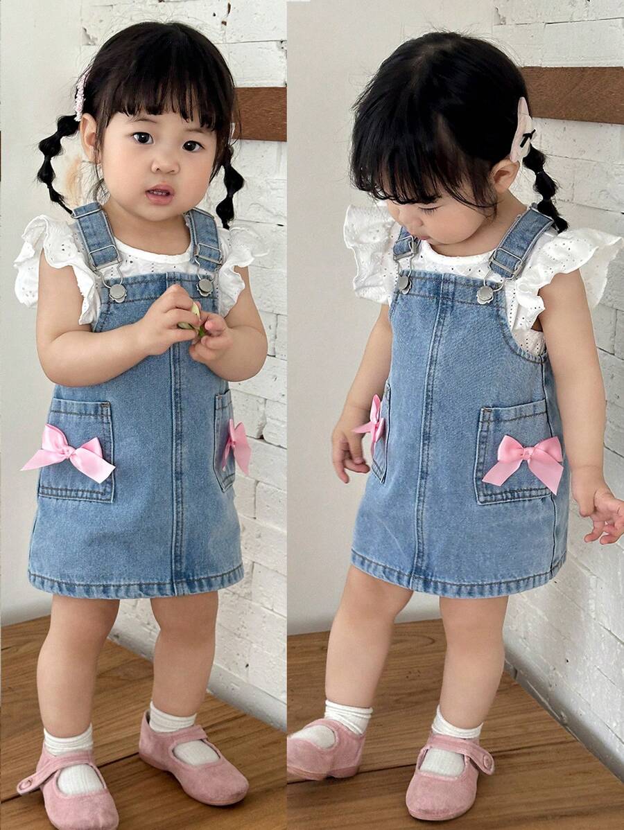 SHEIN Baby Girl Cute Pink Ribbon Bow Denim Dress,Spring And Summer Casual Vacation Country Boho Wear
