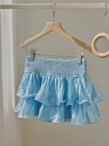 SHEIN Unity Blue Wrinkle Fabric Romantic Shirred Waist Double Ruffle Hem Design Sweet Vacation Beach A-Line Skirt, Spring/Summer - Blue - View 2