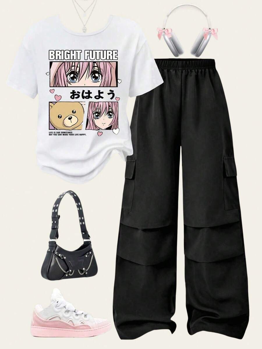 SHEIN Sparklyn 2 件套休闲时尚学院风卡通女孩印花 T 恤和宽松长裤,适合青少年女孩 - 彩色 - 查看 1