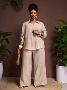 Veslaya Plus Size Casual Loose Solid Color Long Sleeve Top & Pants 2 Pieces Set - Khaki - View 5