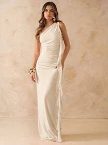 SHEIN BAE Vestido elegante de mujer de gasa con cuello asimétrico, plisado, espalda abierta, borde con volantes y largo maxi, para vacaciones en la playa, primavera/verano