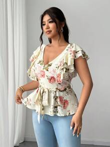 Celure Plus Size Women's Elegant Floral Print V-Neck Ruffle Sleeve Gathered Waist Blouse