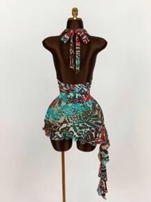 Amplova Vestido corto de mujer con estampado, cuello halter y espalda descubierta