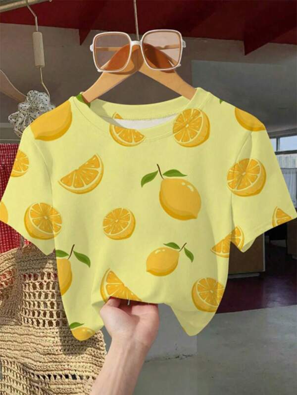 Tween Girl Casual Refreshing Versatile Fruit & Lemon All Over Print Round Neck Short Sleeve T-Shirt, Suitable For Daily Wear And Vacation, Summer