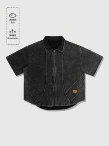 ROMWE MEN Street Life 男士休闲户外宽松短袖衬衫，日常穿着 - 黑色 - 查看 1