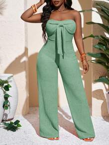 Slaydiva 新款春夏休闲度假性感优雅抹胸蝴蝶结直筒阔腿超长裤橙色针织女式连体裤 - 薄荷綠 - 查看 5