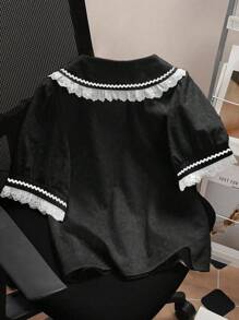 Chiquease Women's Summer Contrast Lace Short Sleeve Single-Breasted Shirt - Black - View 2