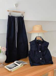 DAZY Women Spring/Summer Vest & Skirt 2 Pieces Set - Navy Blue - View 3