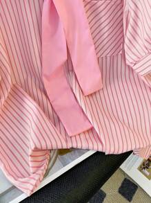SHEIN 女士条纹印花纽扣前系带短袖衬衫女士衬衫 - 粉色 - 查看 5