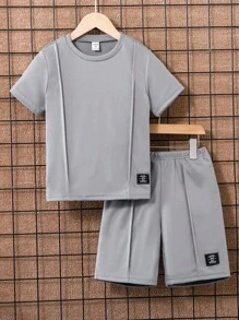 SHEIN Tween Boy Letter Patched Detail Tee & Shorts - Grey - View 3
