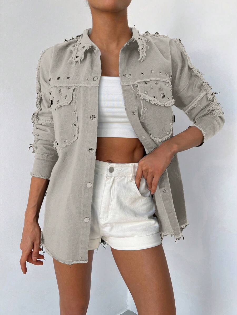 Cottnline Chaqueta De Mezclilla Para Mujer Con Tachuelas Y Borde Deshilachado - Blanco - Ver 1