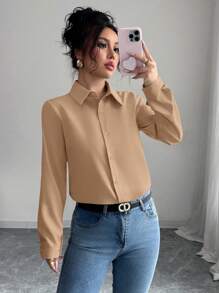 Selianne Women's Solid Color Minimalist Long Sleeve Shirt, Casual Daily Wear Fall Cloth For Women - Khaki - View 4