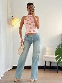 Women's Geometric Polka Dot Print Backless Halter Neck Blouse - Multicolor - View 4