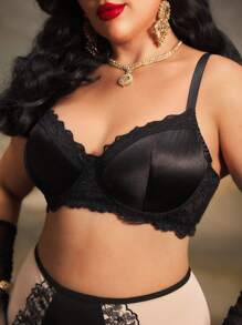 PinupPomp 加大码黑色 3/4 罩杯钢圈蕾丝缎面浪漫法式提拉文胸
